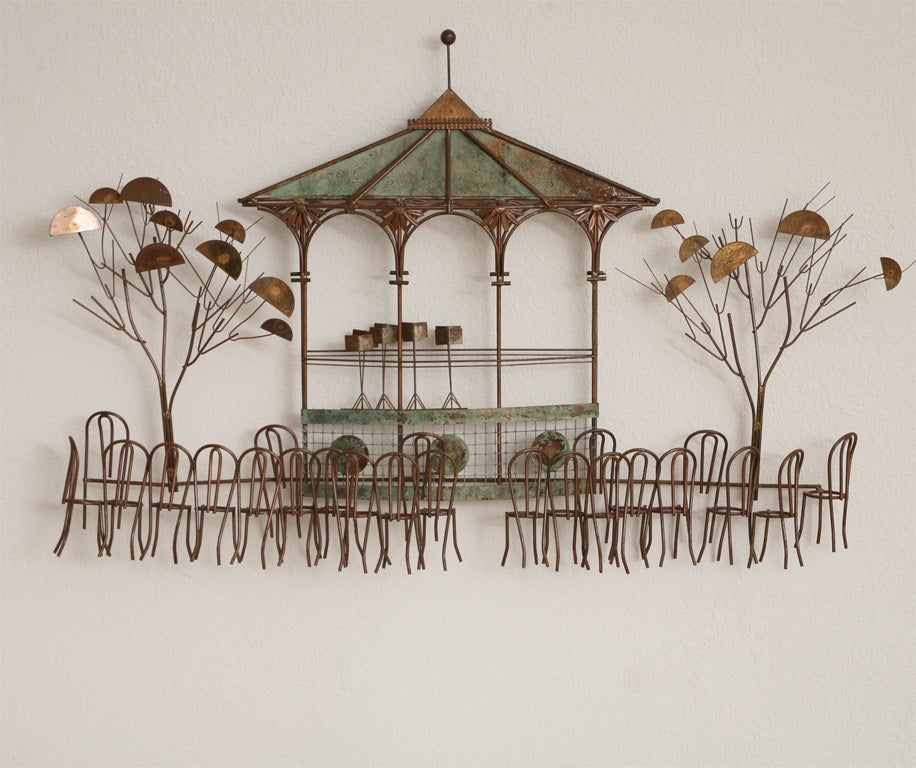 This charming, melancholy bit of Americana features a Victorian park gazebo, post-concert,  rusted music-stands and chairs abandoned ... as if to say that summer has ended. Rendered in patinated and polished copper and brass, signed 