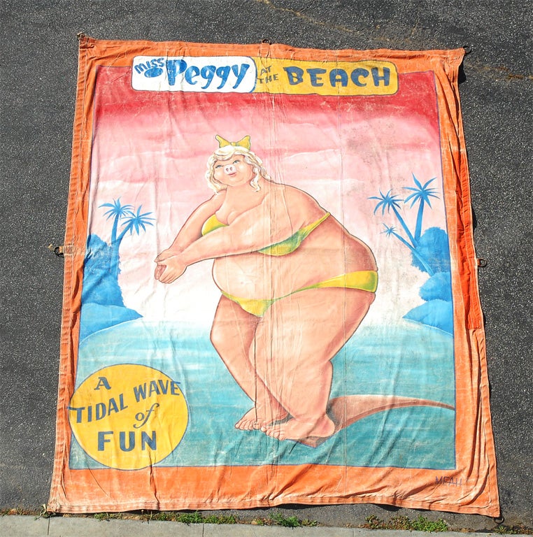 Miss Peggy's day at the beach....forever immortalized by Johnny Meah....one of the great master sideshow banner artists.  This beauty is big and bold!