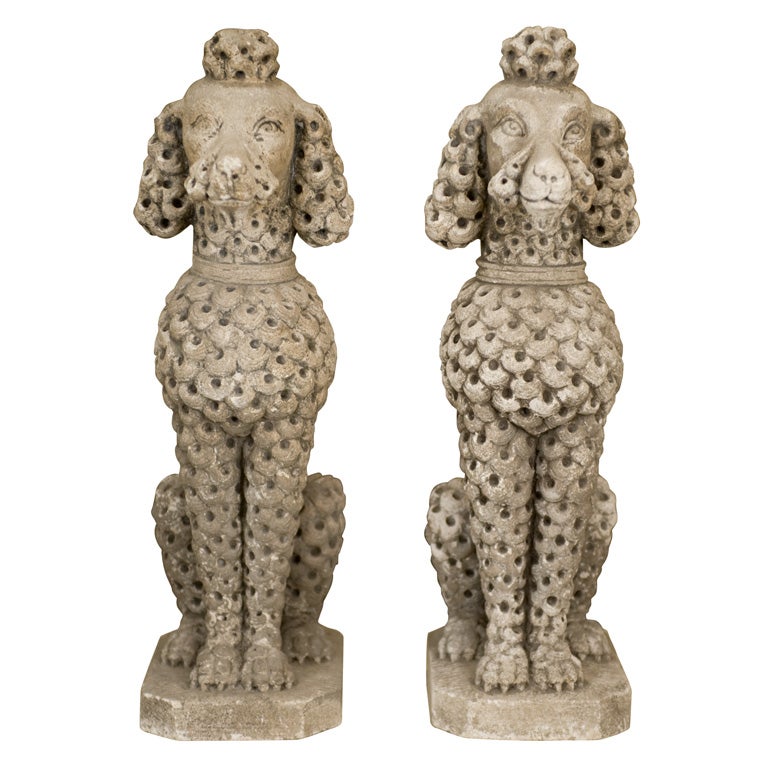 Pair Carved Limestone Poodles