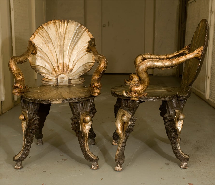 Carved 19th Century Venetian Grotto Arm Chairs