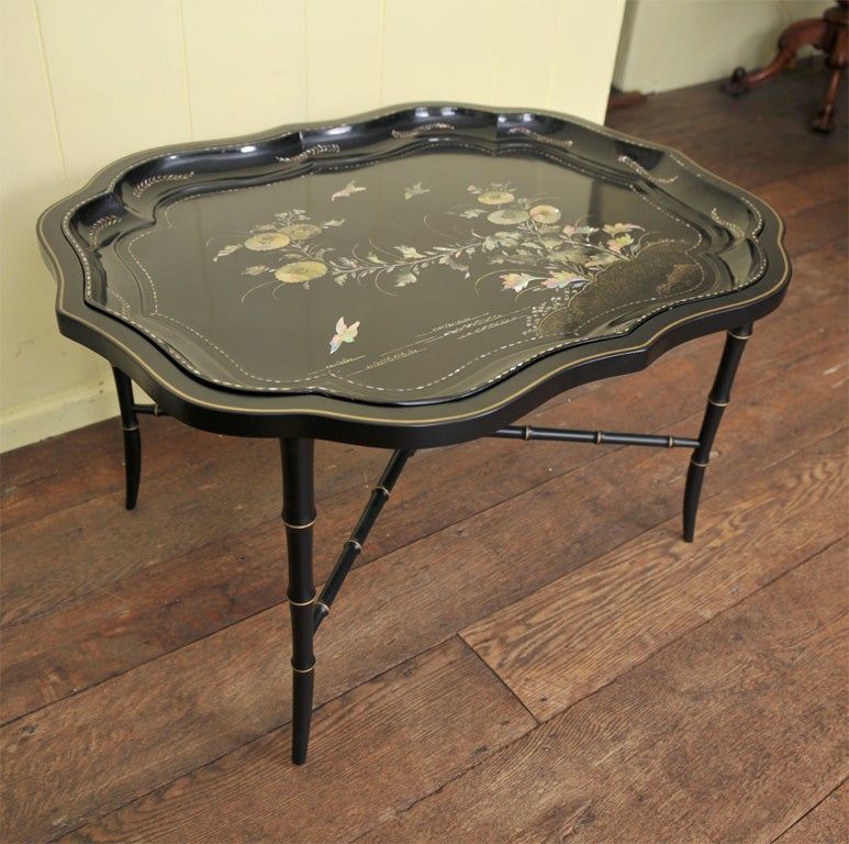 English Papier Mache & Mother of Pearl Tray on Stand