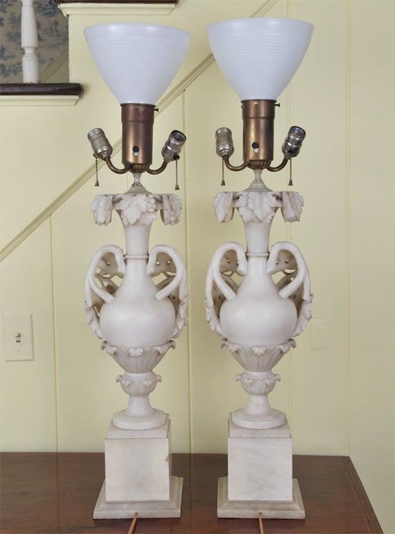 PAIR Rococo Revival Alabaster Urn Lamps 3