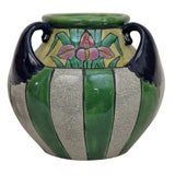 Vintage Awaji Art Pottery Jazz Age Bold Striped Vase w/ Irises