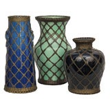 Antique Collection Awaji Pottery Vases with Bronze Weaving