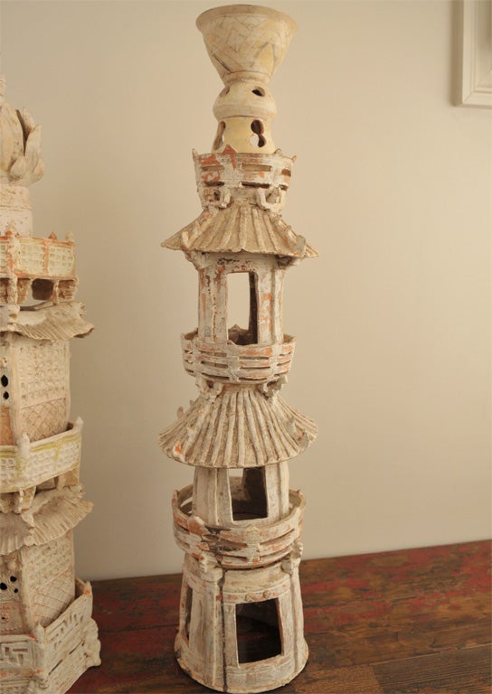 18th Century and Earlier Pair of Ancient Chinese Ceramic Towers, Rare and Beautiful