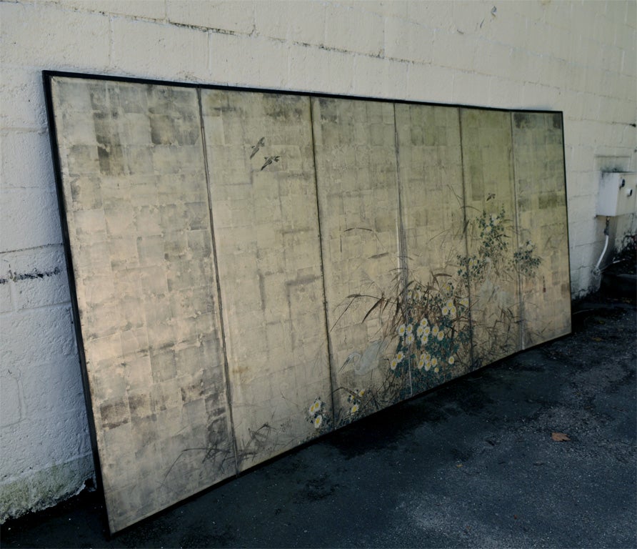 Set of 6 panel Japanese screen on silver foil. Signed.