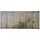 Set of 6 panel Japanese screen on silver foil. Signed.