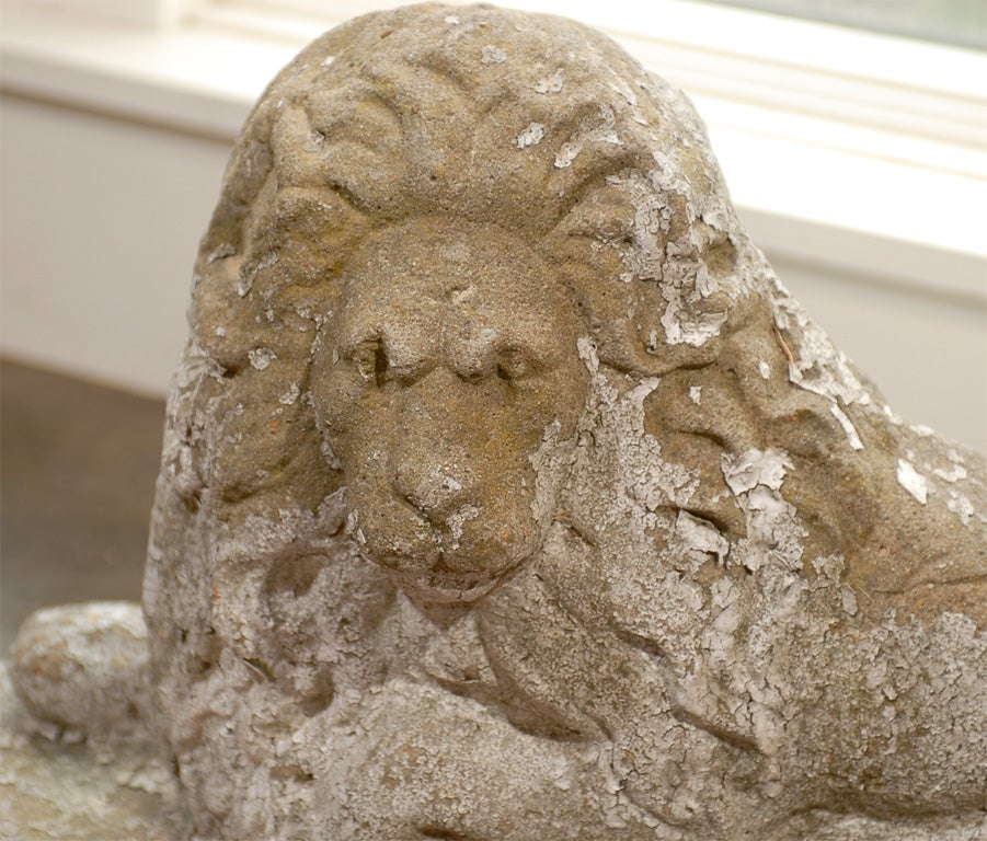 Pair of English Reclining Stone Lions on Bases from the Early 20th Century 5
