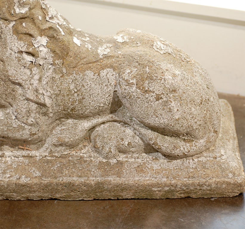 Pair of English Reclining Stone Lions on Bases from the Early 20th Century 6