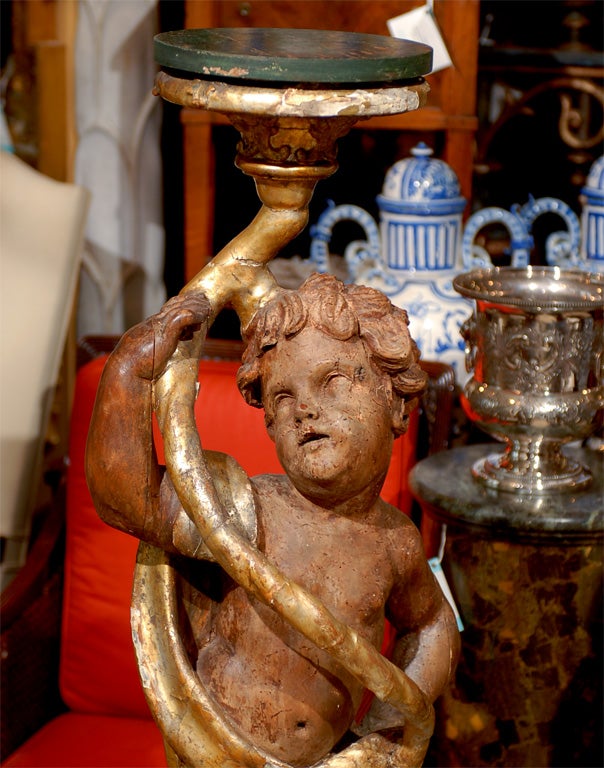 Hand-Carved Pair of 18th Century Italian Polychrome & Giltwood Putti Mounted on Craggy Rock