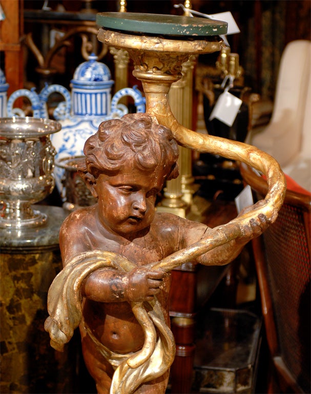 Pair of 18th Century Italian Polychrome & Giltwood Putti Mounted on Craggy Rock In Good Condition In Atlanta, GA