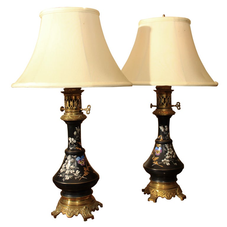 Pair of French oil lamps, converted to electricity. For Sale