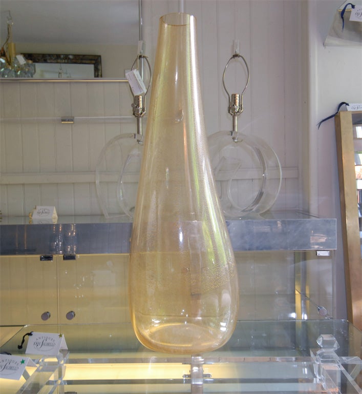 Large handblown gold Murano glass vase with inclusive gold flecks and concave detailing.