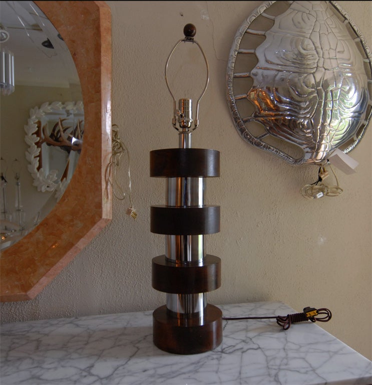 Pair of Round Chrome & Walnut Stacked Lamps