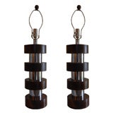 Pair of Round Chrome & Walnut Stacked Lamps