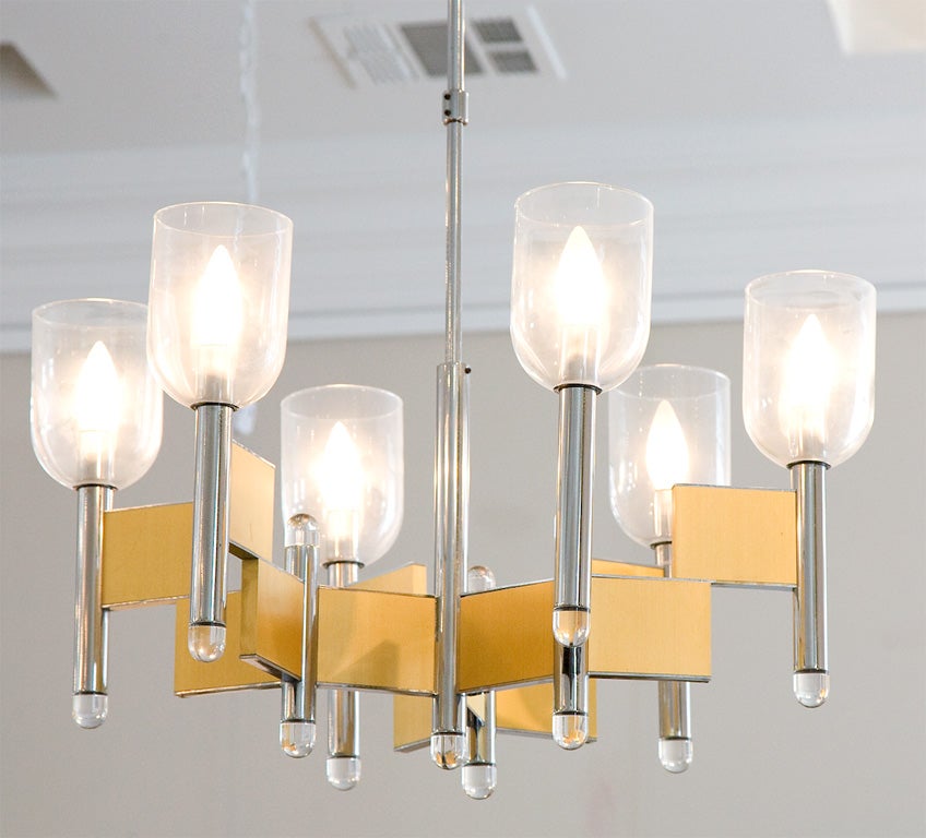 Sciolari 6 lite chandelier with crystal shades and polished chrome and brushed brass arms