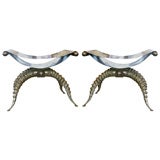 Pair brushed metal sculptural benches with horn legs.  By Giorda