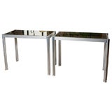 Pair of brush metal consoles with smoked glass top by Cicimino