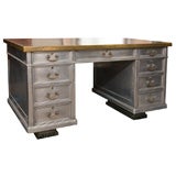 BRASS AND METAL 1890'S BANKERS DESK W/ORIGINAL LEATHER TOP