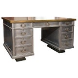 BRASS AND METAL 1890'S BANKERS DESK W/ORIGINAL LEATHER TOP