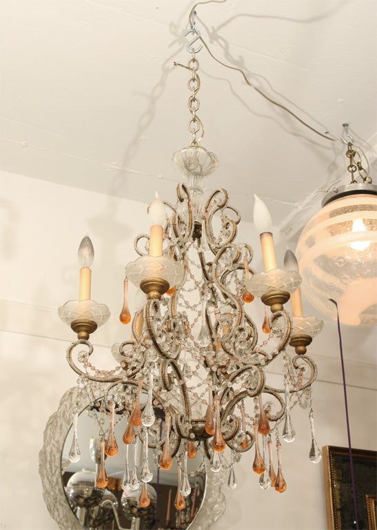 French Crystal & Beaded Cage Chandelier
