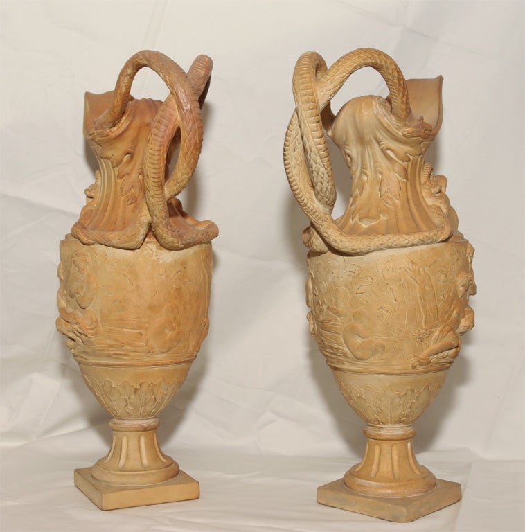 French Pair of Terra Cotta Vases with Neoclassical Figures