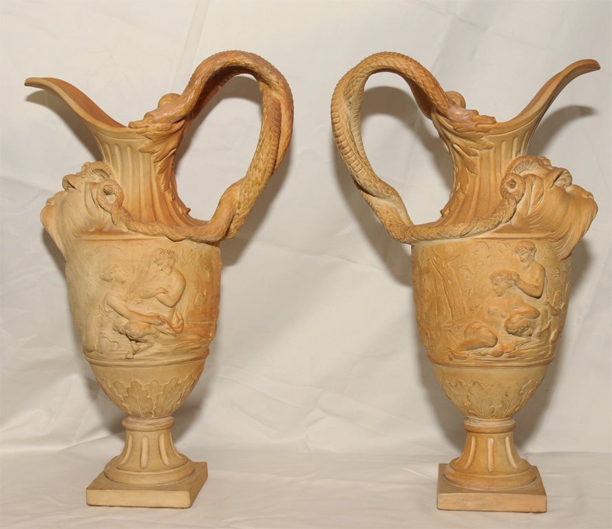 Pair of Terra Cotta Vases with Neoclassical Figures In Excellent Condition In Katonah, NY