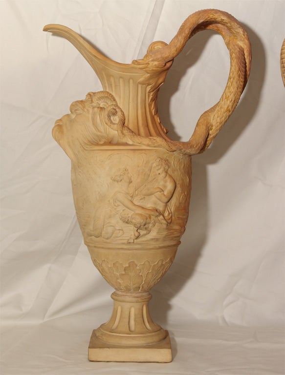 Pottery Pair of Terra Cotta Vases with Neoclassical Figures