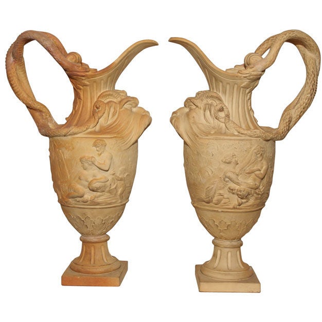 Pair of Terra Cotta Vases with Neoclassical Figures