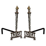 Pair of Polished Nickel Stylized Torch Andirons
