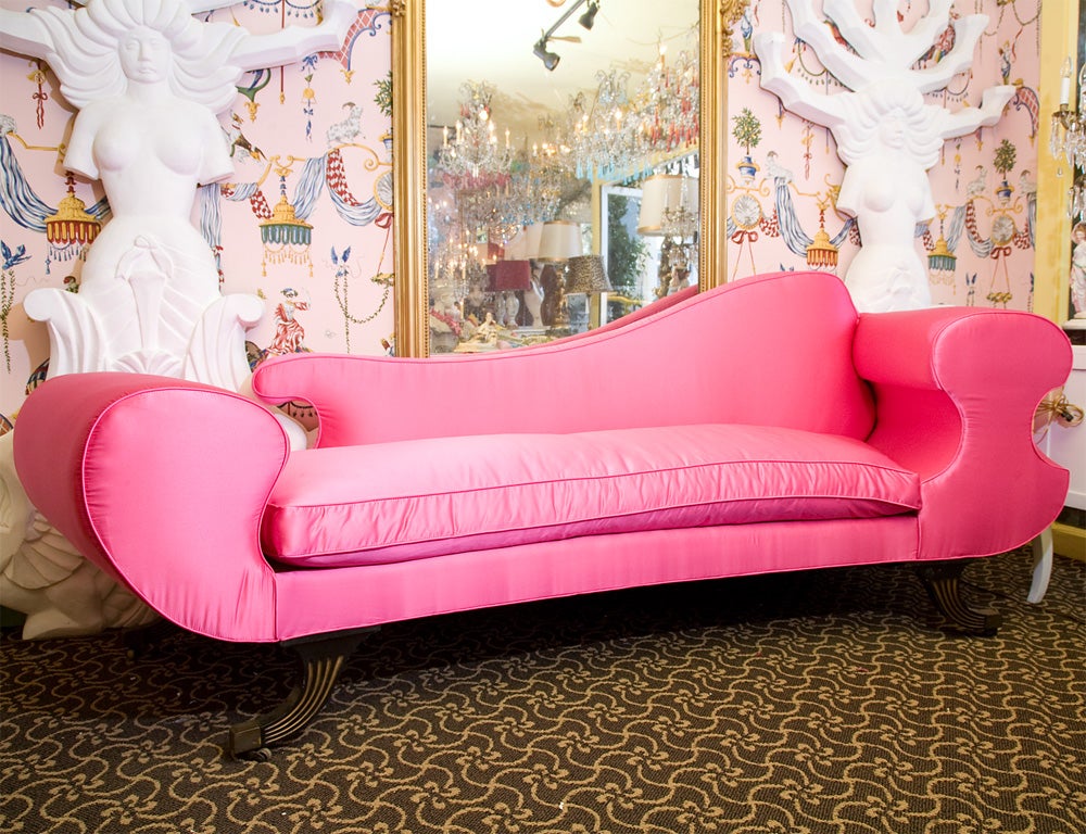 HUGE PINK SATIN SOFA FROM THE 60's<br />
JUST INCREDIBLE LINES ON THIS SOFA OUT OF AN OLD ESTATE IN MIAMI~Needs new fabric...<br />
<br />
IT NEEDS ITS OWN ROOM BUILT.PICTURES DONT DO IT JUSTICE~