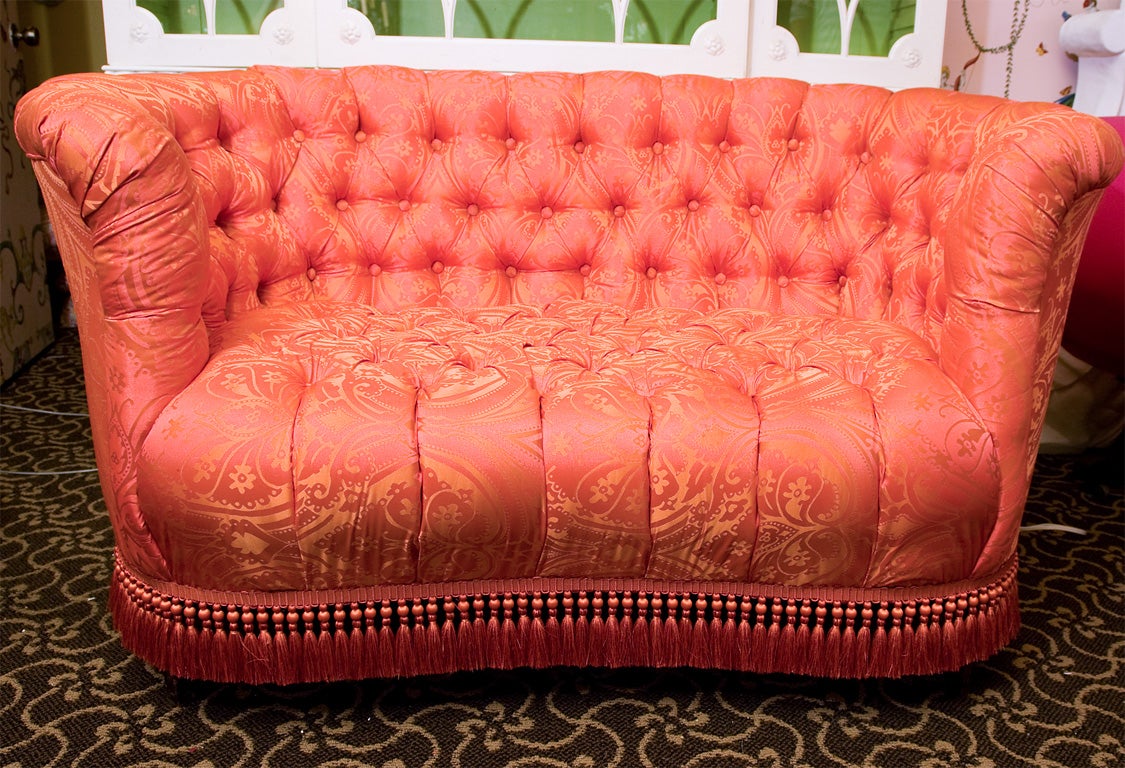 STUNNING SCALAMADRE HERMES ORANGE SETTEE~<br />
HOULES FRINGE SURROUNDS THIS ADORABLE TUFTED SMALL SOFA...<br />
ORANGE IS THE NEW PINK THEY'RE SAYING!<br />
PLEASE FEEL FREE TO GO TO MY 1STDIBS STORE TO VIEW MY OTHER ITMES: