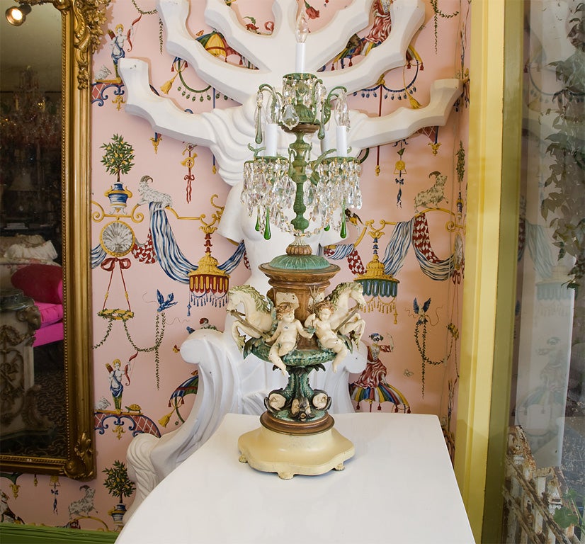 UNUSUAL SEAHORSE CHERUB 5 LIGHT TABLE LAMP CANDELABRA~<br />
2 LARGE NATICAL SEA HORSES,4 CHERUBS,4 FISH,BIRDS..8 GREEN TEAR DROP CRYSTALS PLUS MANY CLEAR CRYSTAL PRISMS~ <br />
FOR ADDITIONAL LAMPS DRESSERS,CONSOLES,DESKS,BERGERES,BUFFETS,COFFEE