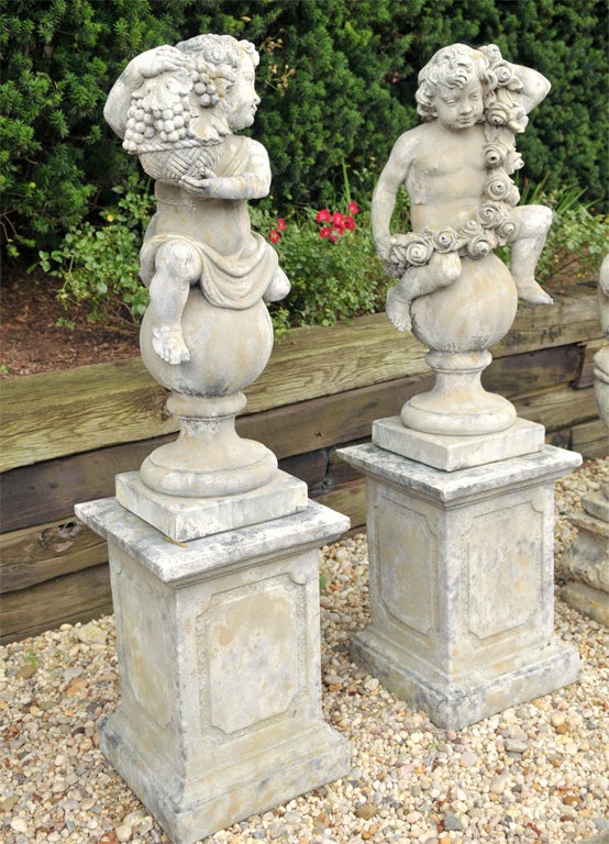 Pair of Stone Putti on Pedestals In Good Condition For Sale In Mt. Kisco, NY