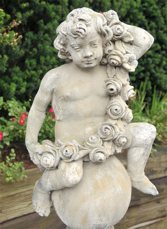Contemporary Pair of Stone Putti on Pedestals For Sale
