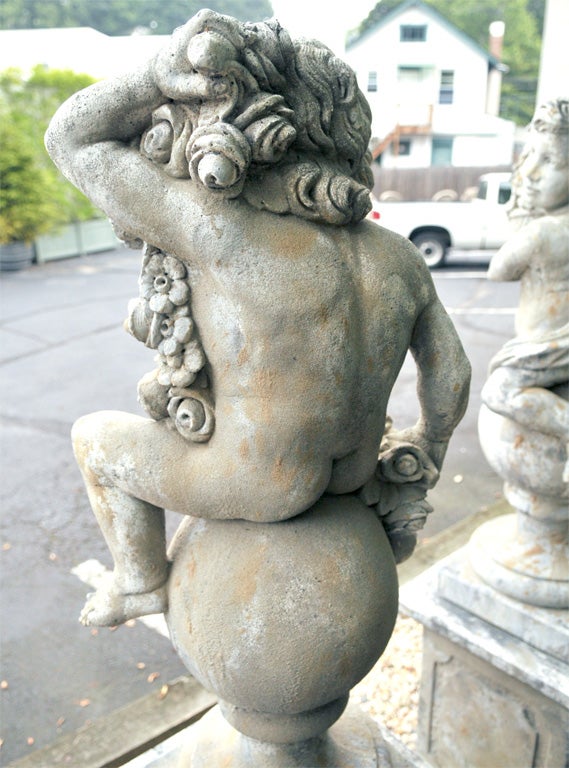 Pair of Stone Putti on Pedestals For Sale 3