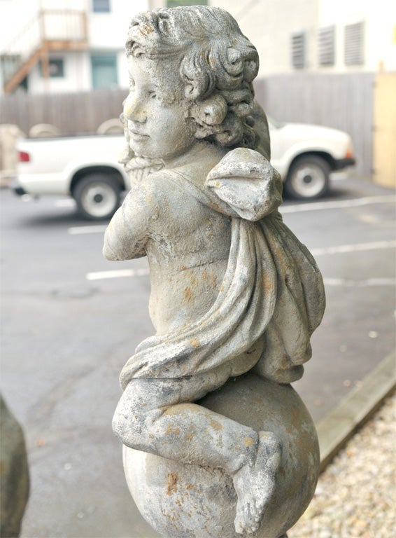 Pair of Stone Putti on Pedestals For Sale 4