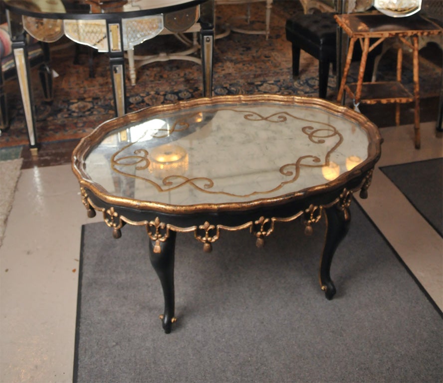 Mid-20th Century Oval Shaped Ebony Painted and Etched Glass Coffee Table