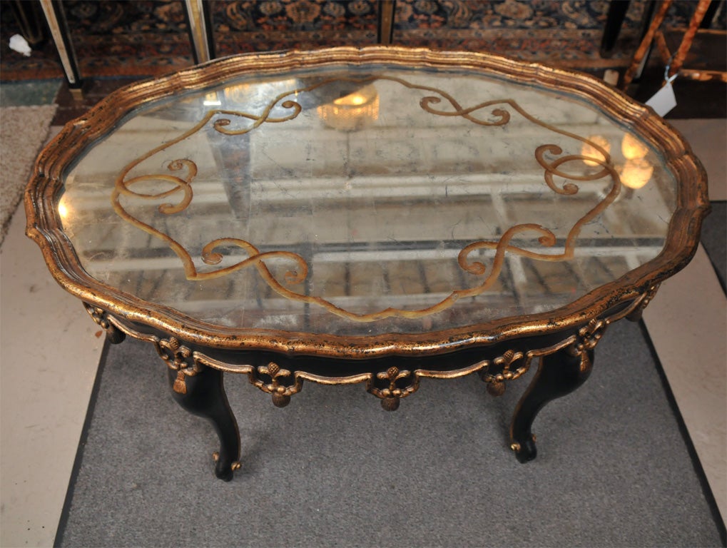 Oval Shaped Ebony Painted and Etched Glass Coffee Table 1