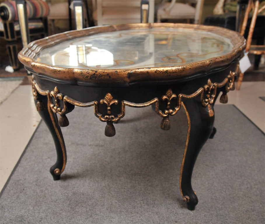 Oval Shaped Ebony Painted and Etched Glass Coffee Table 2