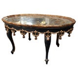 Oval Shaped Ebony Painted and Etched Glass Coffee Table