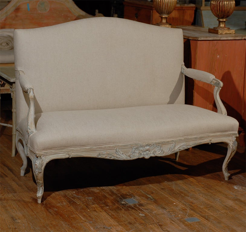 Two Louis XV Style French Painted Wood Upholstered Settees For Sale at