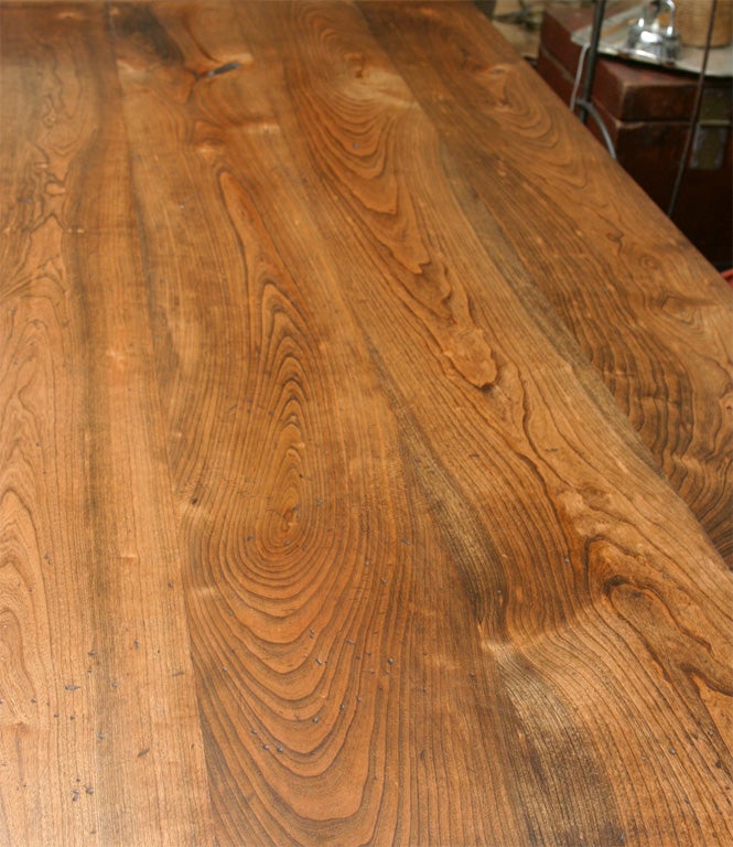 Distressed Cherry Wood Table Top on Metal Base at 1stDibs