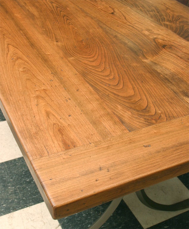 Distressed Cherry Wood Table Top on Metal Base at 1stDibs