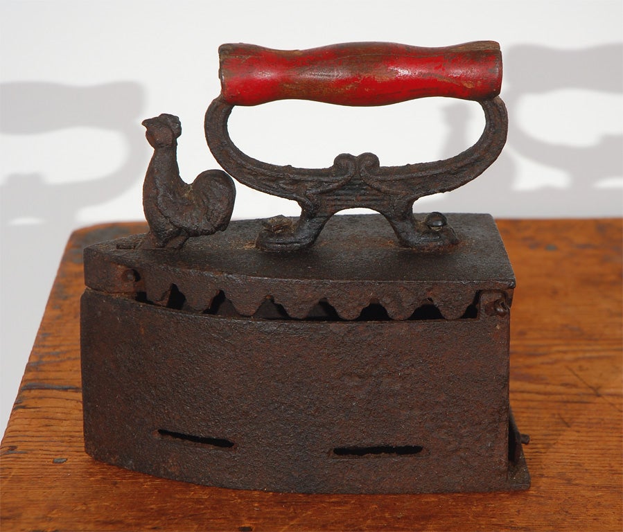 FOLKY 19THC CAST IRON/SAD IRON W/ROOSTER&WOOD HANDLE