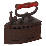 FOLKY 19THC CAST IRON/SAD IRON W/ROOSTER&WOOD HANDLE