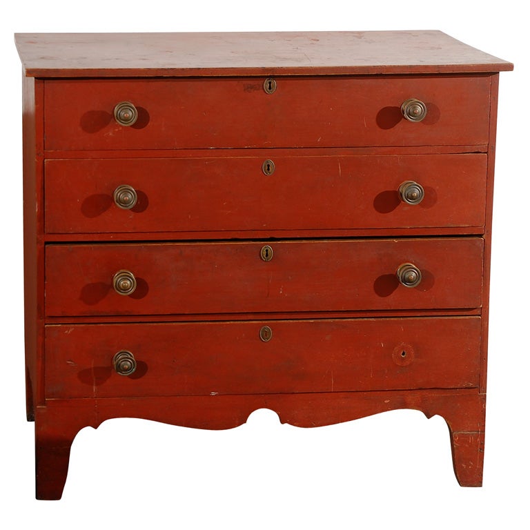 19THC NEW ENGLAND HEPPLEWHITE RED PAINTED CHEST OF DRAWERS at 1stDibs