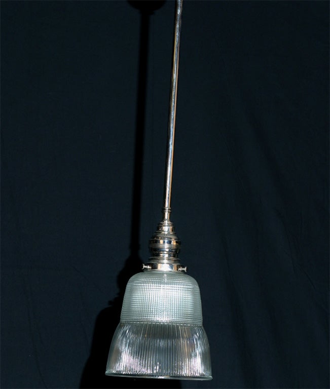 American Bell Shaped Holophane Shade with Vintage Nickel Plated Fitter For Sale