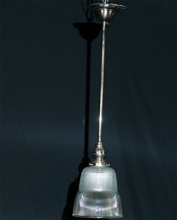 Mid-20th Century Bell Shaped Holophane Shade with Vintage Nickel Plated Fitter For Sale
