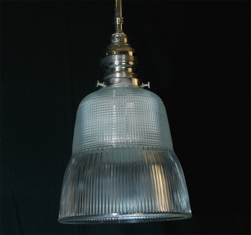 Bell Shaped Holophane Shade with Vintage Nickel Plated Fitter For Sale 2